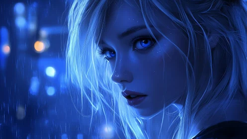 Neon blue portrait of wet blonde woman in rainy city night