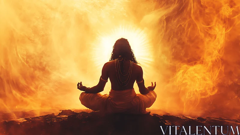Meditating figure sits before radiant fiery energy vortex