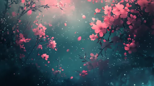 Glowing pink blossoms against dark teal dreamy background.
