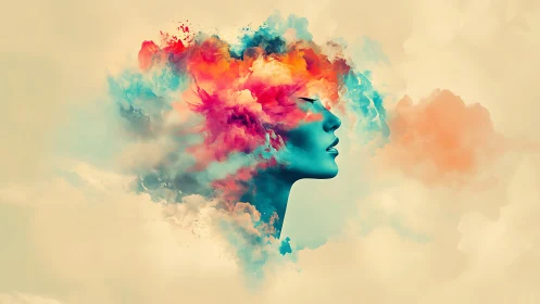Colorful female profile merging with abstract cloud art.