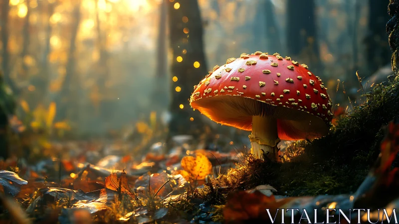 Red fly agaric mushroom in soft autumn forest light.