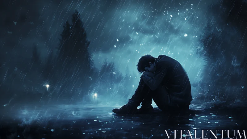 Midnight rain cradles a lonely figure in quiet reflection