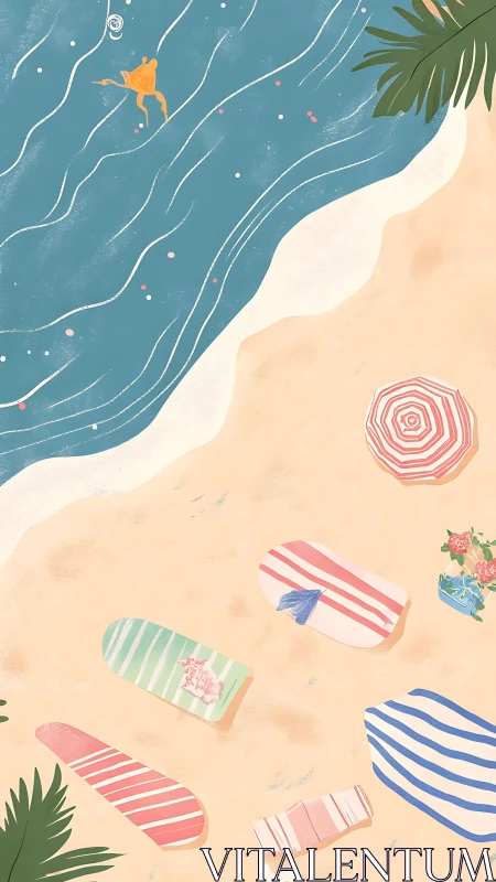 Digital painting beachscape with swimmer and striped towels.