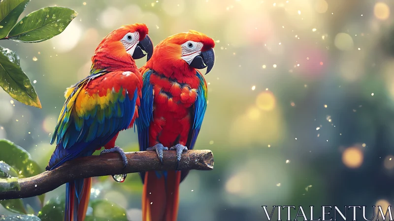 Vibrant Scarlet Macaws on Branch in Sunlit Nature, Photorealistic Style.