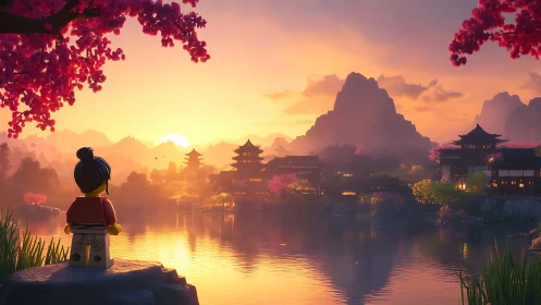 Lego figure overlooks serene pagoda lake at vivid sunset