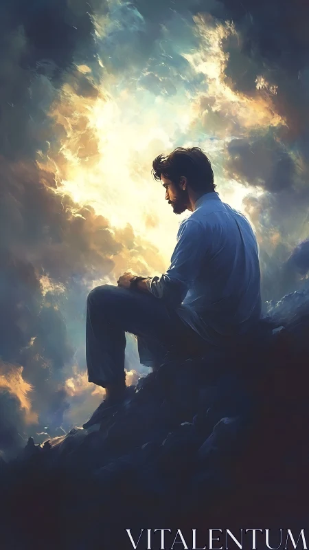 Digital painting of contemplative figure against luminous clouds.