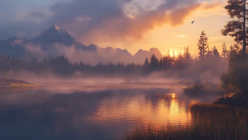 Sunlit mist moves over mountain lake and forest shoreline