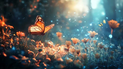 Twilight meadow hums while firelit butterflies test the dusk