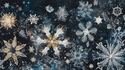 Intricate crystal snowflakes drift across a deep winter sky