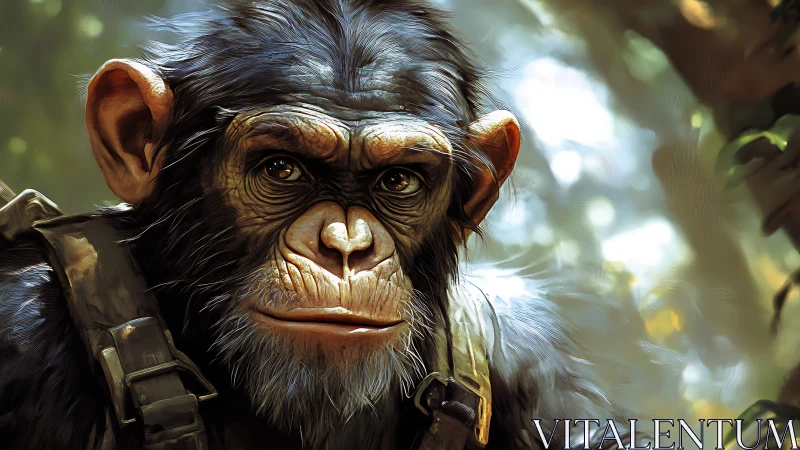Thoughtful jungle chimp explorer in rugged gear gazes ahead.