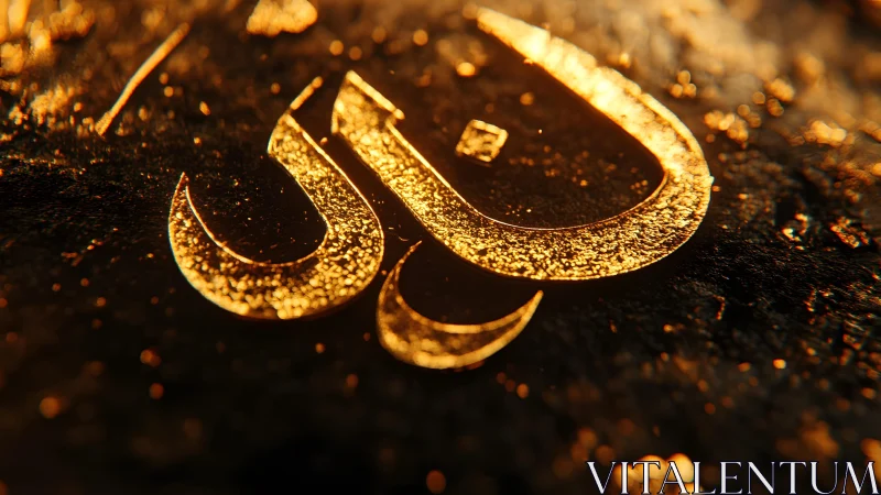 Golden Arabic Calligraphy on Textured Black Surface, Close-Up.