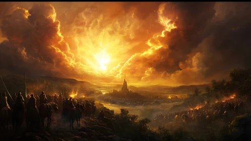 Distant fortified city is approached by opposing mounted armies