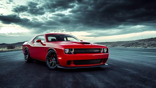 Red muscle car on open road under dramatic sky.