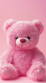 Pink plush teddy bear on monochromatic studio backdrop.