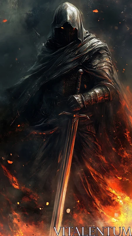 Hooded dark knight with flaming sword in smoky inferno.
