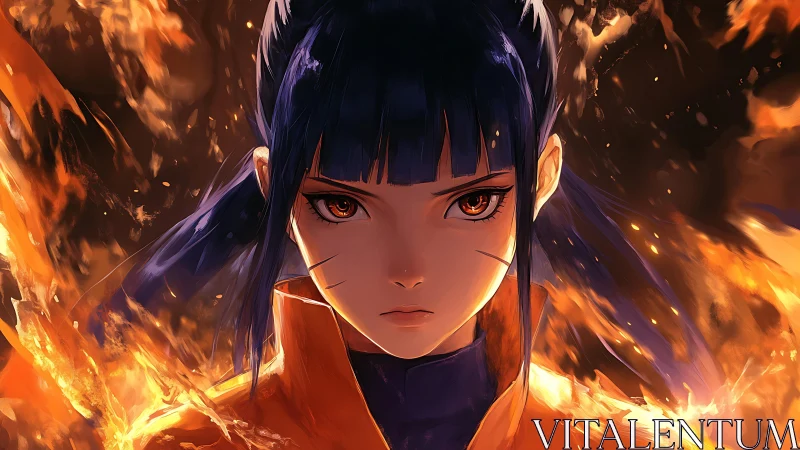 Fierce anime heroine framed by swirling, untamed flames.