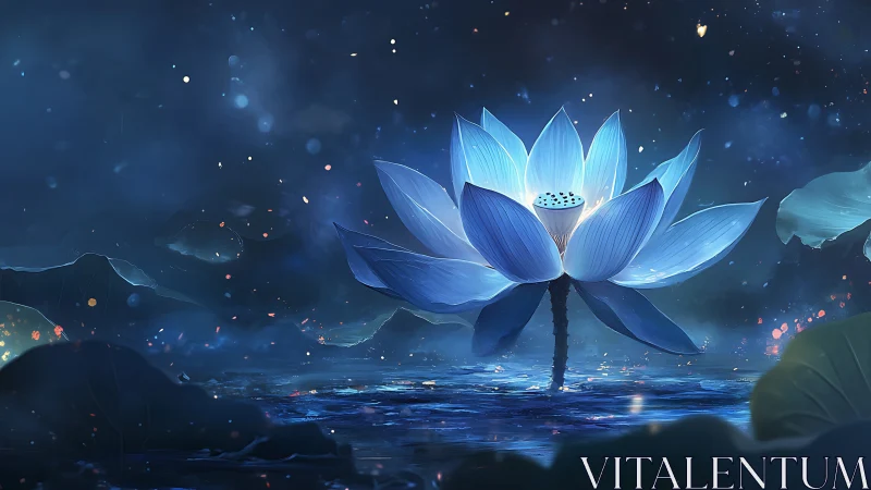 Luminous blue lotus blooms softly within a moonlit mist