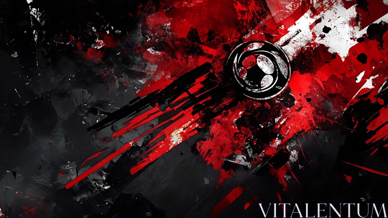 Bold Abstract Art with Red and Black Splashes and Symbolic Emblem.