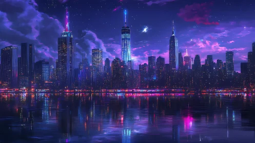 Neon lit futuristic city skyline reflected in calm water.