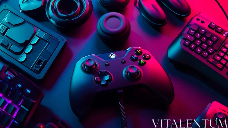 Neon-lit gaming controller anchors a vibrant setup scene