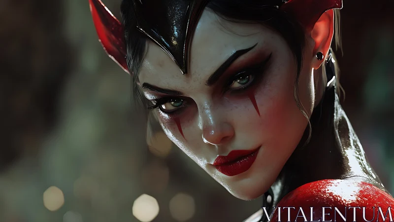 Demonic horned woman close up with intense green eyes.