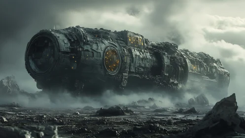 Monolithic starship on toxic wasteland in cinematic 3D render.