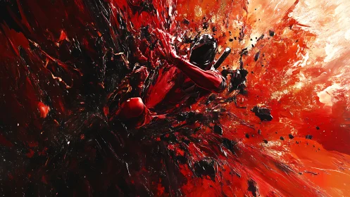 Kinetic crimson warrior amid explosive fractal paint vectors.