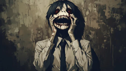 Grotesque suited monster screams against decayed wall backdrop.