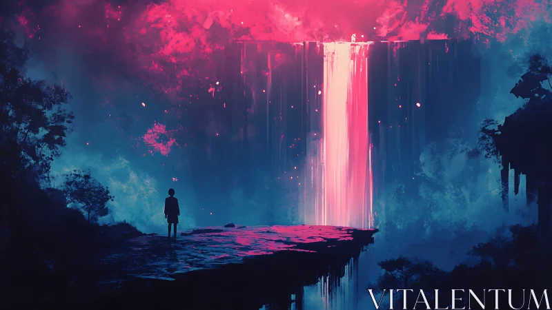 Solitary figure before luminous neon waterfall abyss