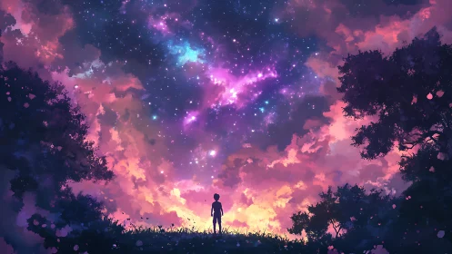 Childlike silhouette drinks in a nebula-splashed twilight sky