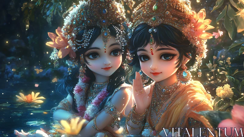 Divine childlike deities share a luminous lotus garden secret