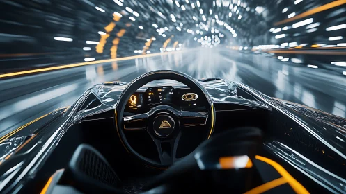 Futuristic cockpit view captures a hyper-speed tunnel drive.
