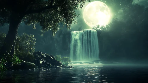 Moonlit forest waterfall with reflective river surface.