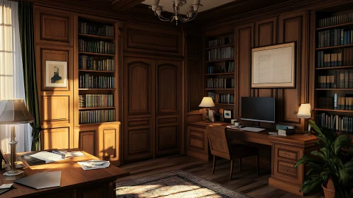 Digital painting of classic walnut library office interior.