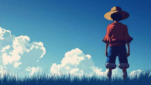 Backlit anime figure evaluates cumulus cloudscape under deep sky