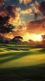 Sunset turns the quiet golf fairway into molten green velvet