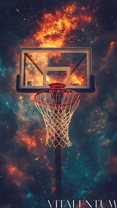 Galactic basketball hoop framed by blazing nebula sky.