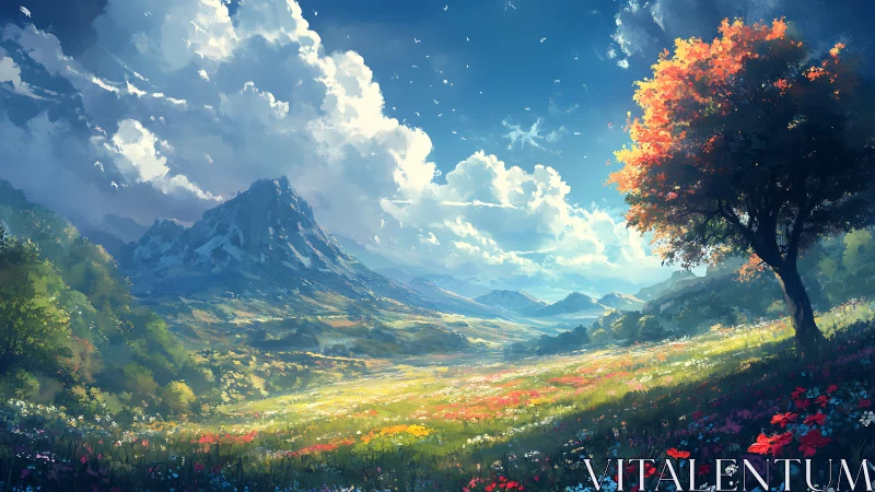 Vast alpine meadow under volumetric clouds and rim‑lit foliage