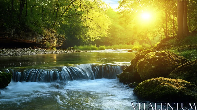 Serene forest river at sunrise with gentle waterfall and mossy rocks.