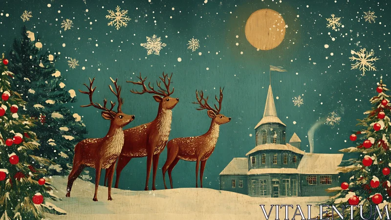 Moonlit reindeer procession before a storybook winter manor.