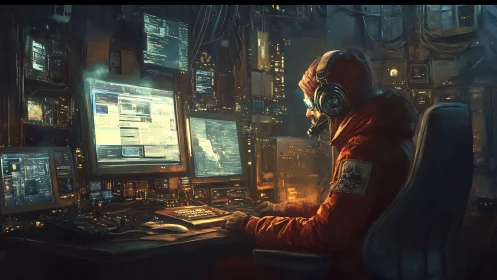 Cyberpunk hacker at multi-screen command workstation.