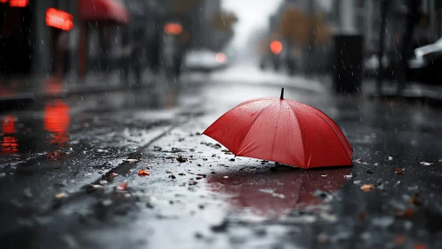 Urban rain study with red umbrella focal isolation in bokeh street.