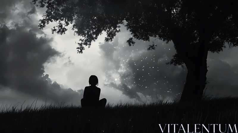 Soft starlit quiet finds a lone dreamer beneath a sheltering tree