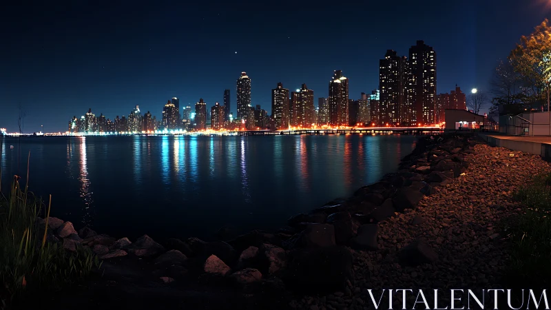 City skyline glows across calm river under deep night sky.