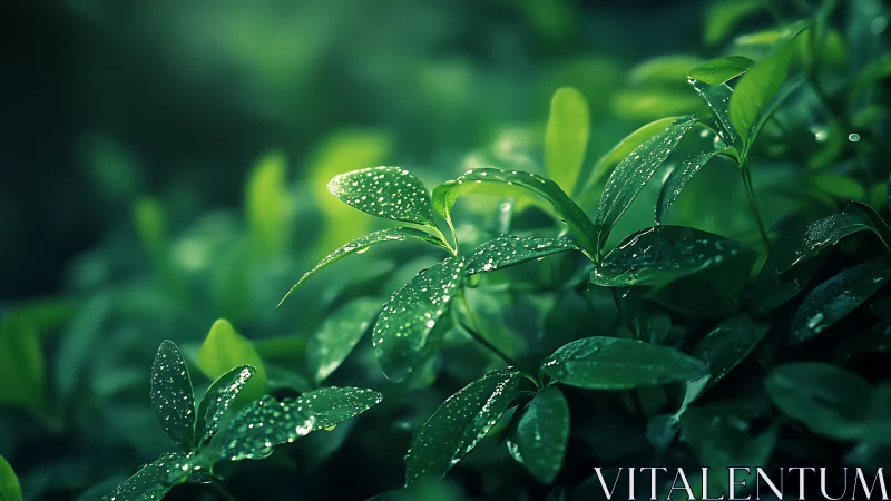 Macro leaf study captures dewdrops in luminous green bokeh