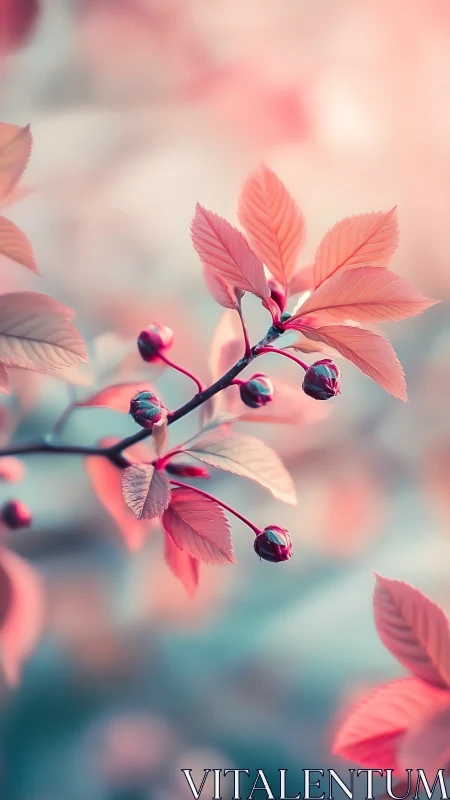 Pastel pink branch holds tender buds in dreamy soft focus