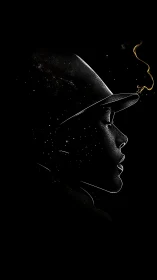 Profile silhouette of helmeted figure rendered in luminous dust