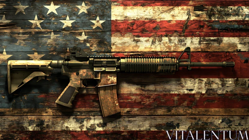 Weathered rifle poised against a scarred American flag backdrop.