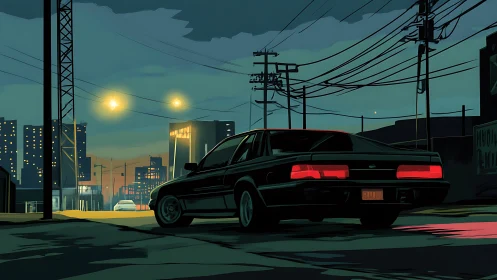 Rear view of dark car in urban street at dusk.