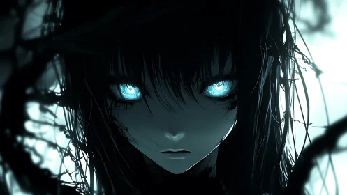 Haunting anime girl with glowing eyes confronts the darkness